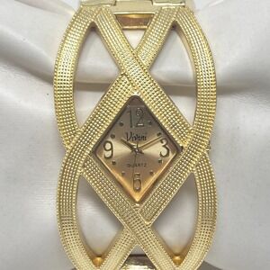 Vivani Cuff Watch Women Gold Tone Textured Band Lattice New Battery 6.5"